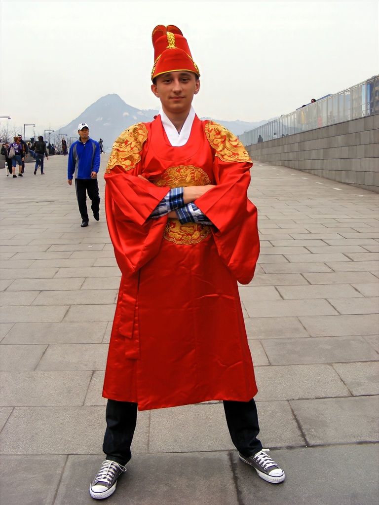 Denis in traditional Korean clothing (hanbok) at Gwanghwamun Square in downtown Seoul